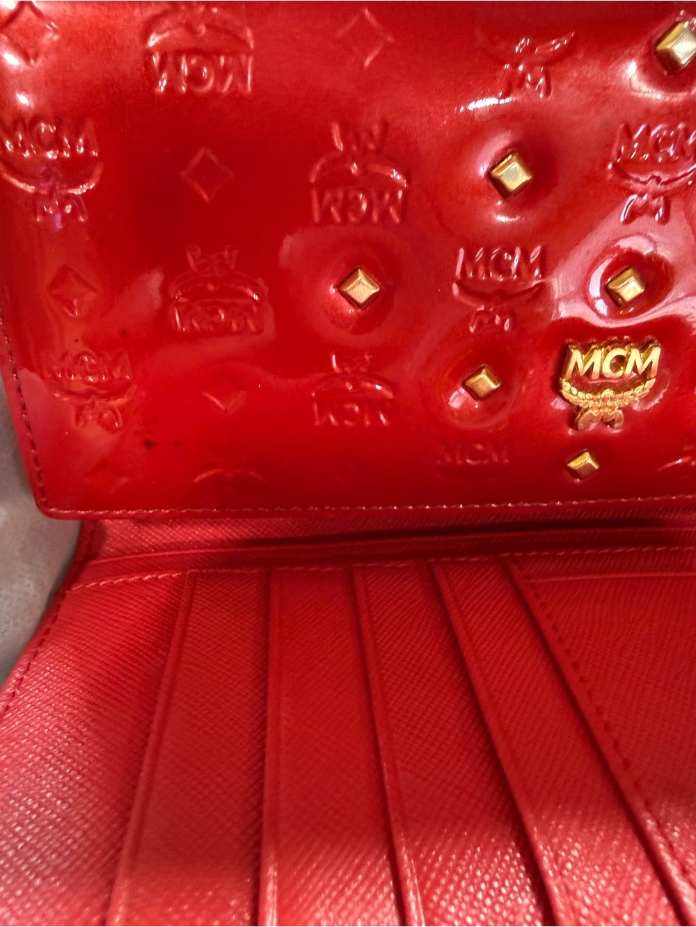 MCM Shiny Red Patent Logo-Embossed Continental Wallet with Gold Accents - Picture 9 of 10